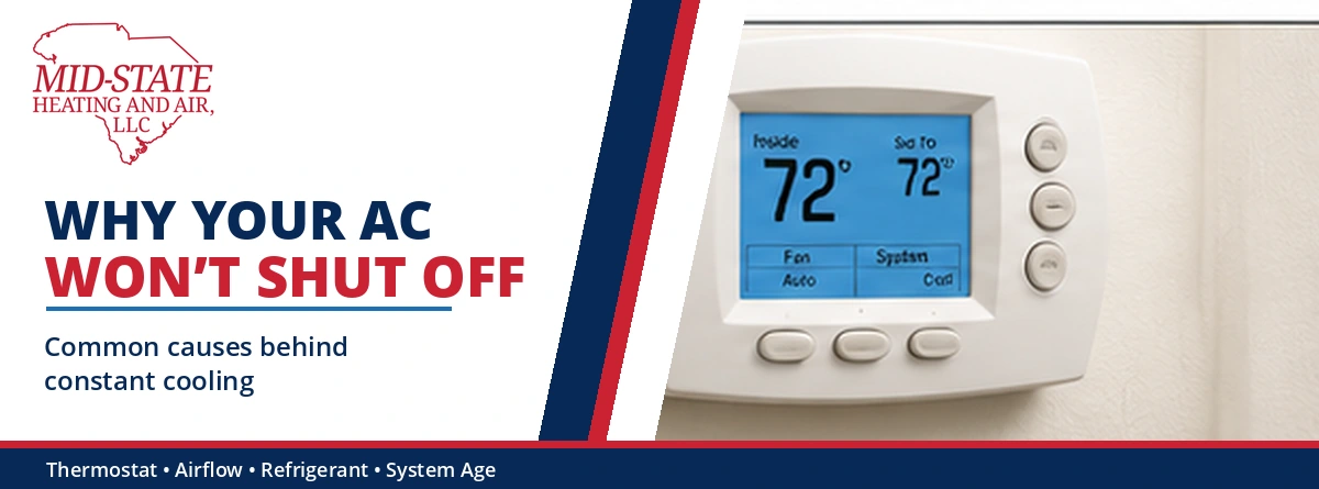 Thermostat showing a cooling setting while an air conditioner continues running