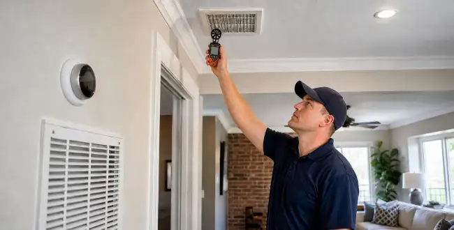 HVAC technician checking airflow and cooling performance inside a Columbia SC home