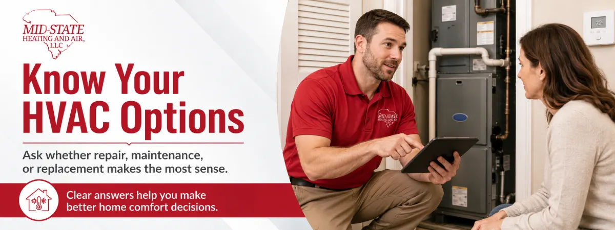HVAC technician explaining repair and maintenance options beside a residential air handler