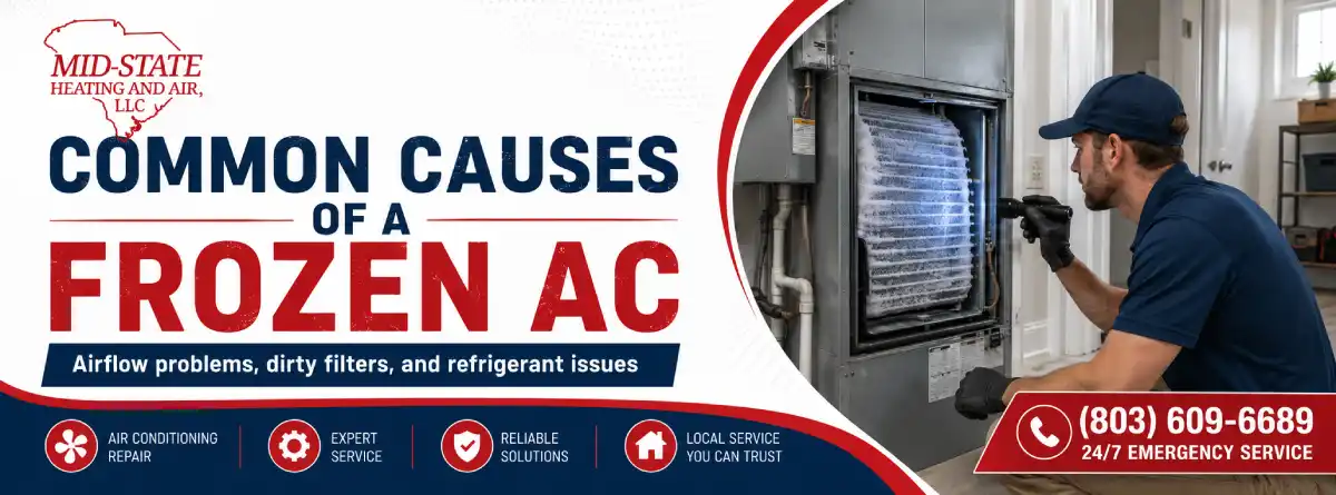 Ice forming on an indoor air conditioner evaporator coil during a hot Columbia summer