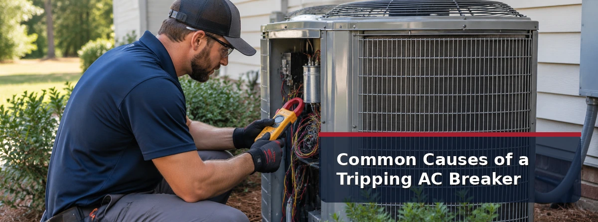 HVAC technician diagnosing an outdoor AC unit after repeated breaker trips at a Columbia SC home