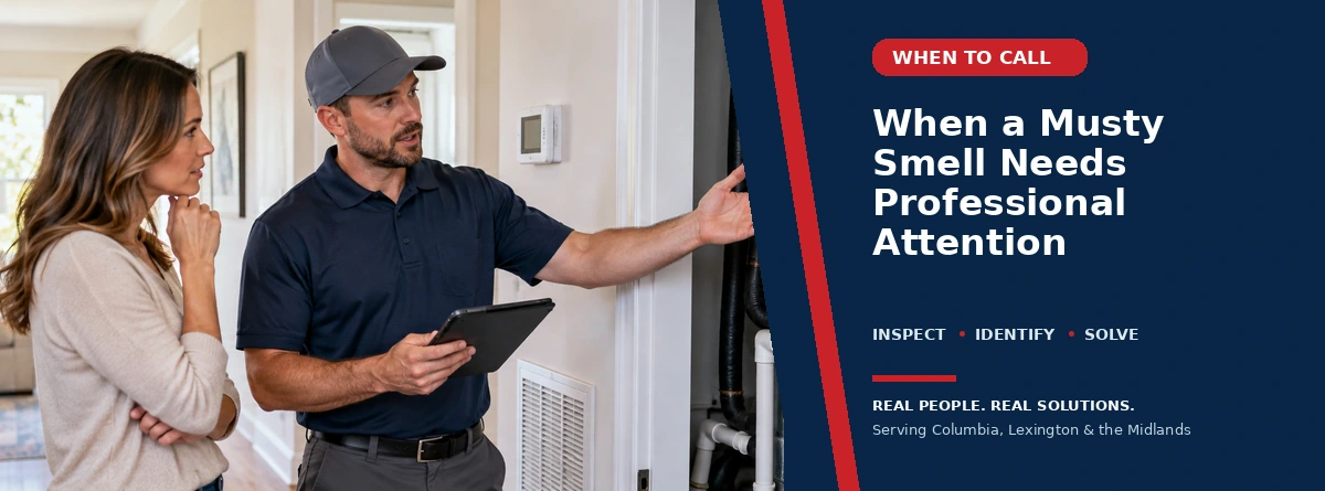 HVAC technician explaining an indoor air handler inspection to a homeowner