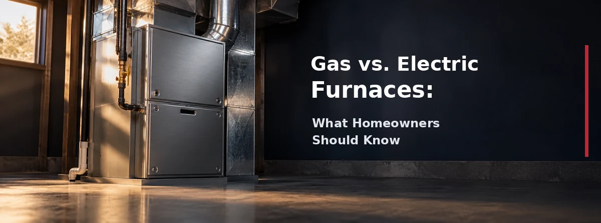 Gas furnace with a closed steel cabinet, connected ductwork, and a metal exhaust vent in a residential utility room.