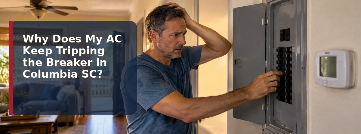 Homeowner at an electrical panel after an air conditioner trips the breaker in a Columbia SC home